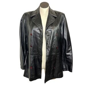 Moda Spiegel Mens Black Leather Double Breasted Jacket Vintage Size 10 Coat